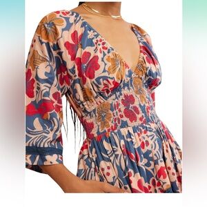 Free People Red and Blue Bell Sleeve Maxi Sundress